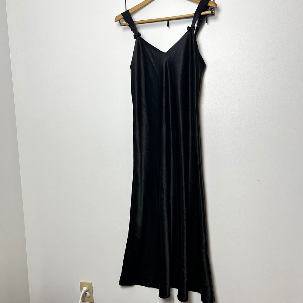 Intimate Essentials Vintage‎ Sears Black Satin Nightgown Bow Maxi Slip Small